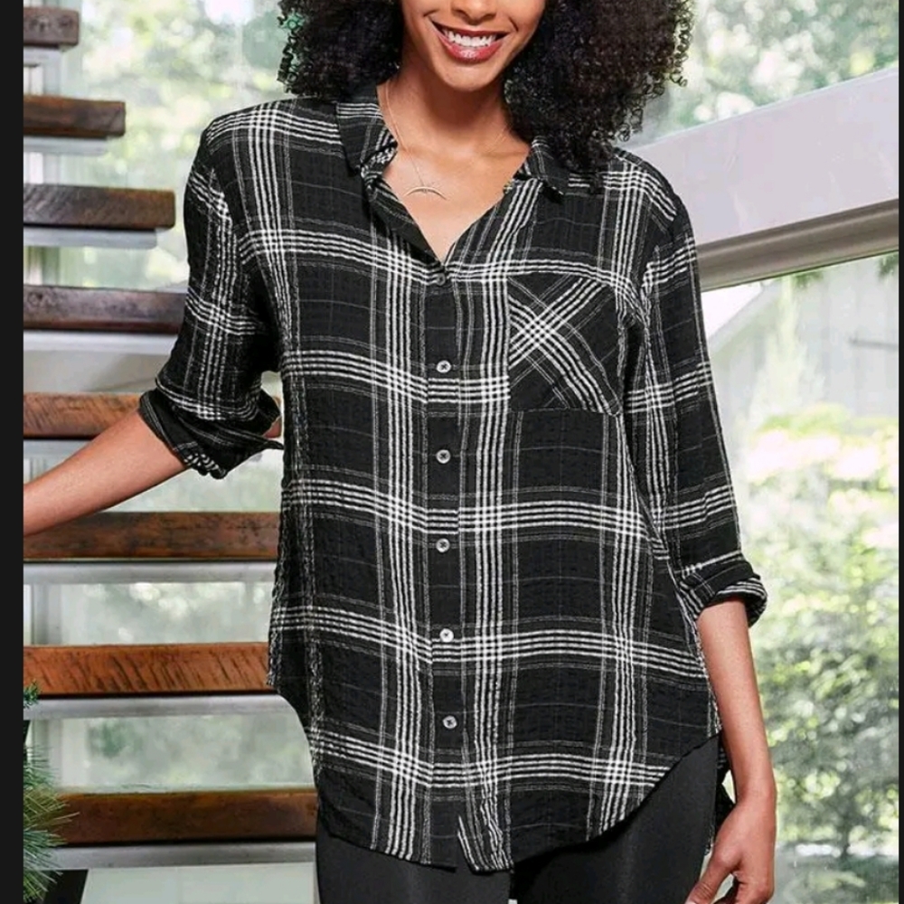 Matilda Jane Good Hart Black White Gold Plaid Button Up Shirt M